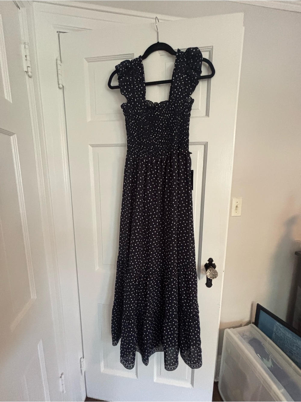 Max Studio Black Polka Dot Smocked Maxi Dress